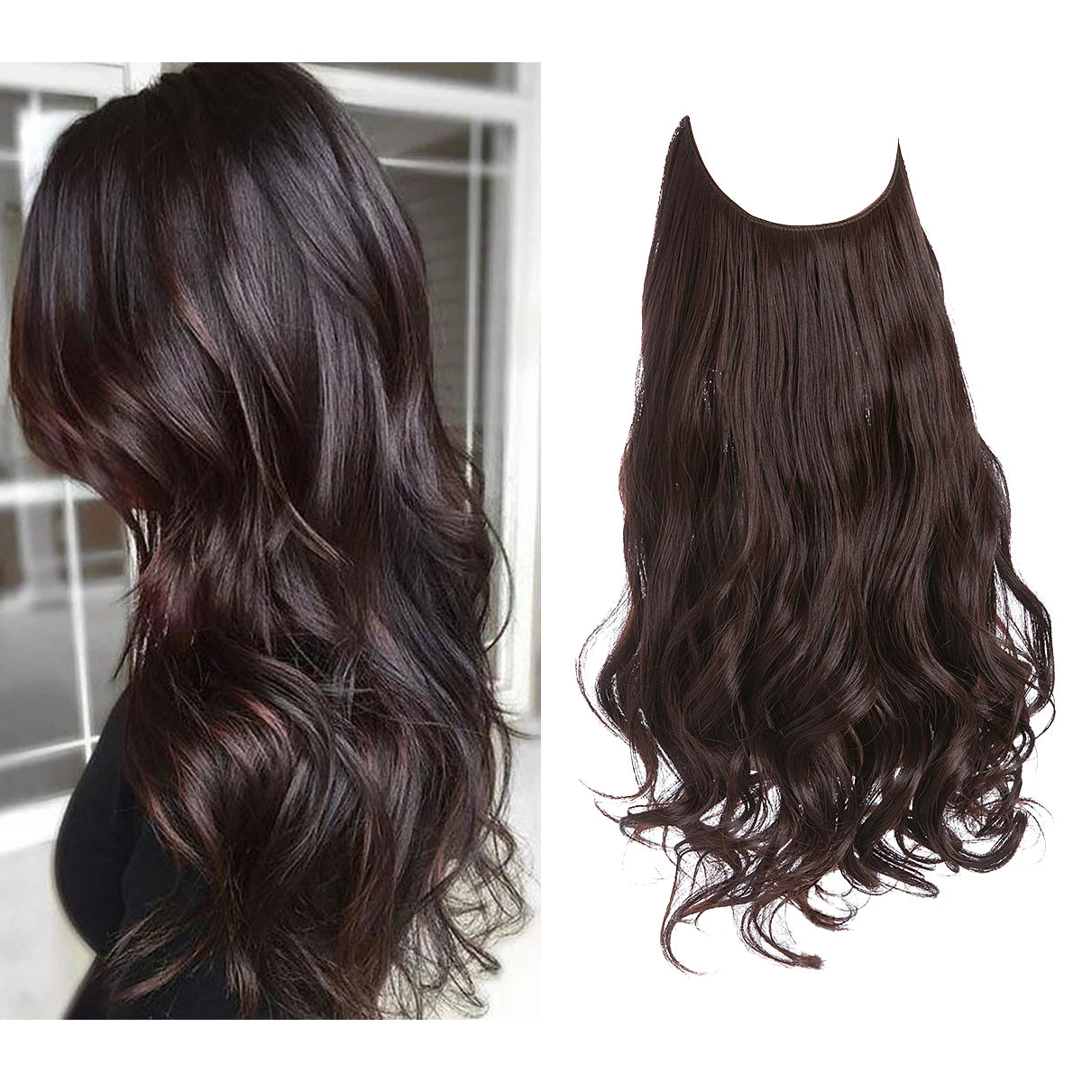 Synthetic No Clip Wave Hair Extensions Ombre Natural Black Blonde Pink One Piece False Hairpiece Fish Line Fake Hair Piece