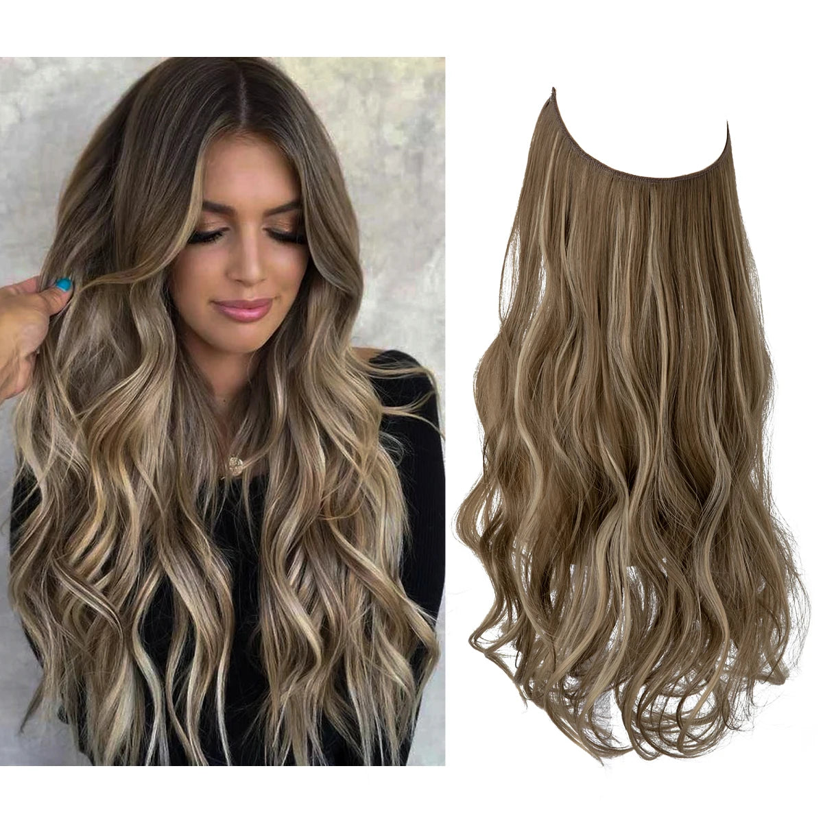 Synthetic No Clip Wave Hair Extensions Ombre Natural Black Blonde Pink One Piece False Hairpiece Fish Line Fake Hair Piece