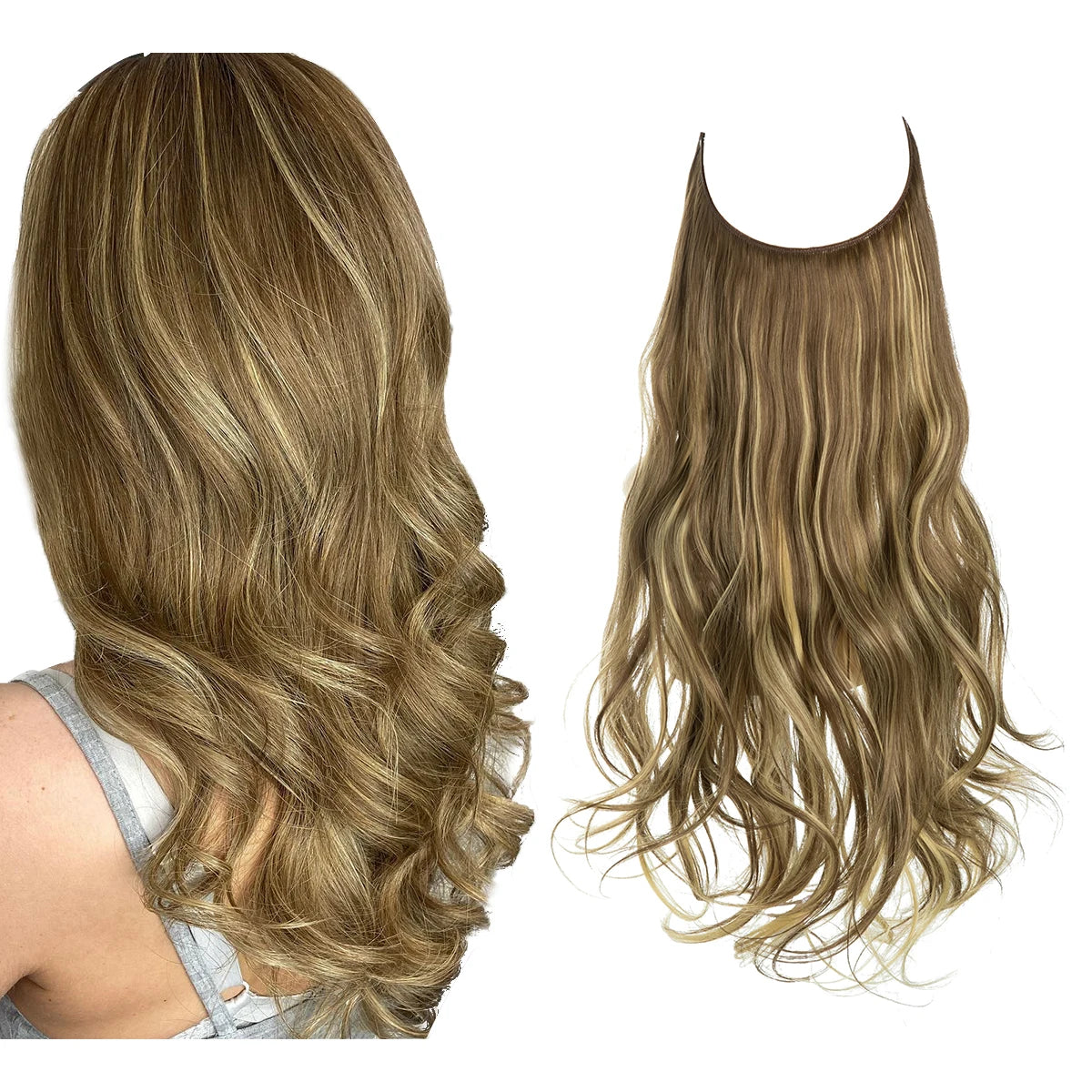 Synthetic No Clip Wave Hair Extensions Ombre Natural Black Blonde Pink One Piece False Hairpiece Fish Line Fake Hair Piece