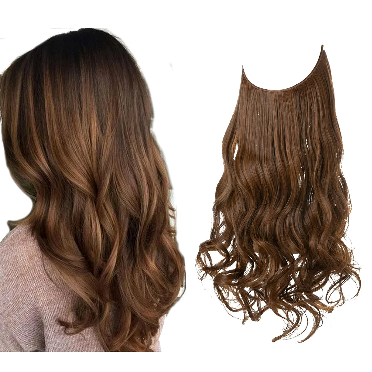 Synthetic No Clip Wave Hair Extensions Ombre Natural Black Blonde Pink One Piece False Hairpiece Fish Line Fake Hair Piece