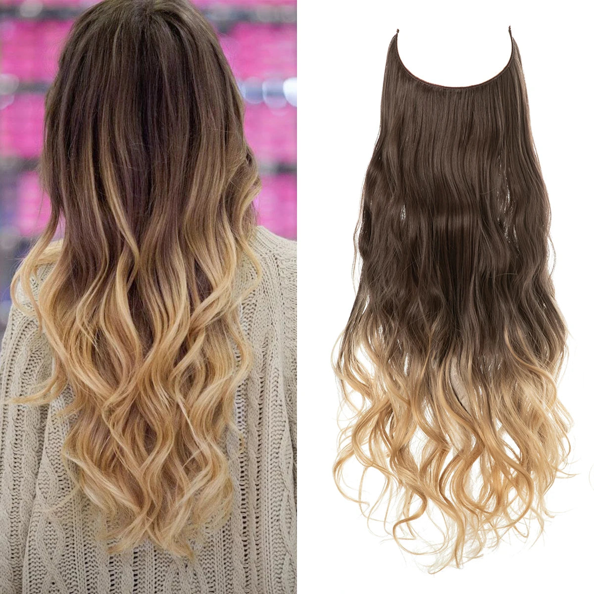 Synthetic No Clip Wave Hair Extensions Ombre Natural Black Blonde Pink One Piece False Hairpiece Fish Line Fake Hair Piece