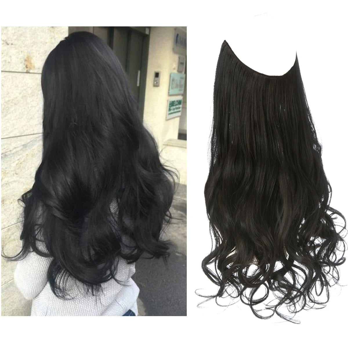 Synthetic No Clip Wave Hair Extensions Ombre Natural Black Blonde Pink One Piece False Hairpiece Fish Line Fake Hair Piece