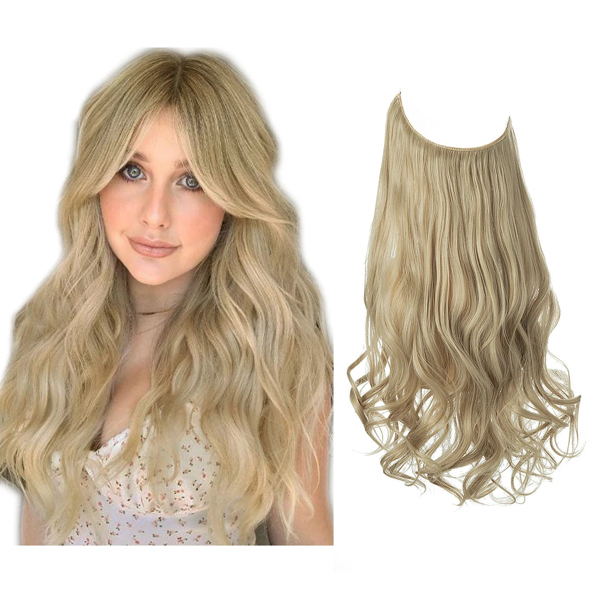 Synthetic No Clip Wave Hair Extensions Ombre Natural Black Blonde Pink One Piece False Hairpiece Fish Line Fake Hair Piece