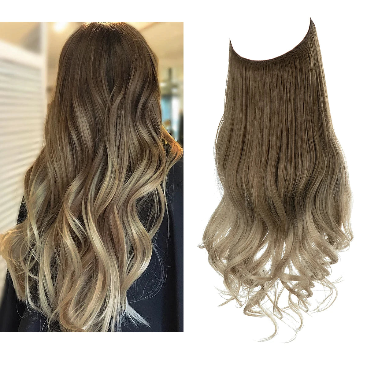 Synthetic No Clip Wave Hair Extensions Ombre Natural Black Blonde Pink One Piece False Hairpiece Fish Line Fake Hair Piece
