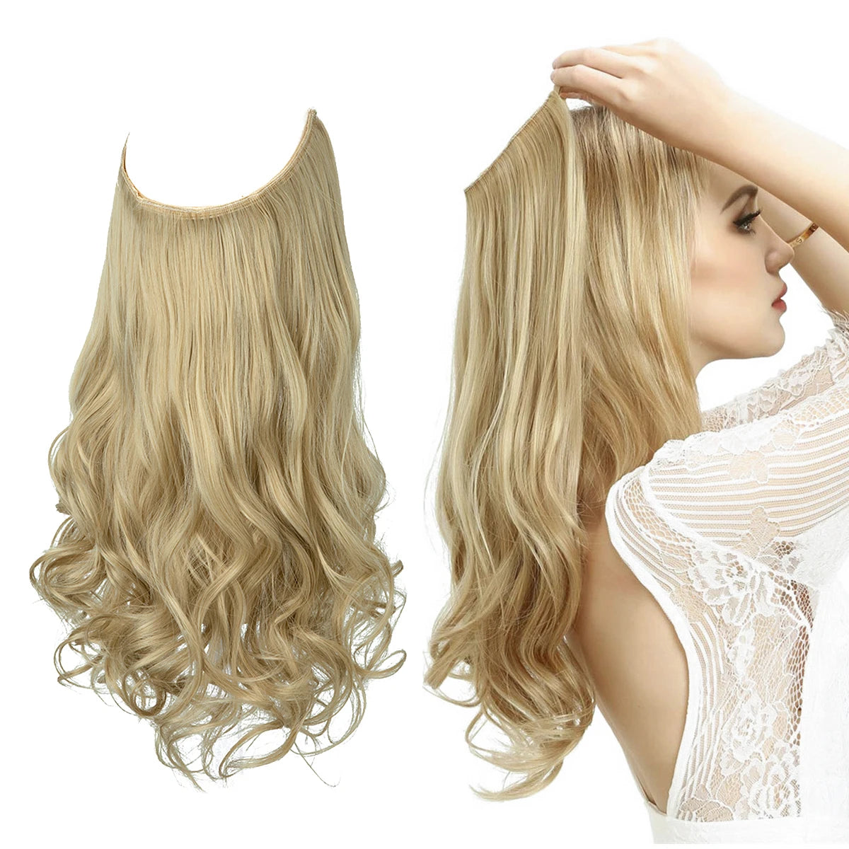 Synthetic No Clip Wave Hair Extensions Ombre Natural Black Blonde Pink One Piece False Hairpiece Fish Line Fake Hair Piece