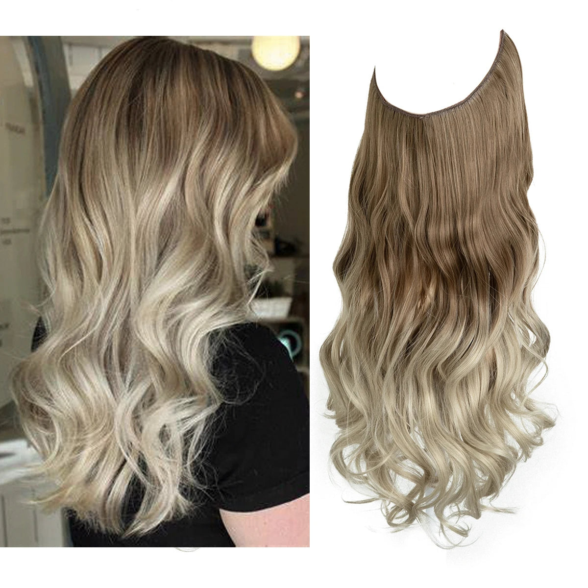 Synthetic No Clip Wave Hair Extensions Ombre Natural Black Blonde Pink One Piece False Hairpiece Fish Line Fake Hair Piece