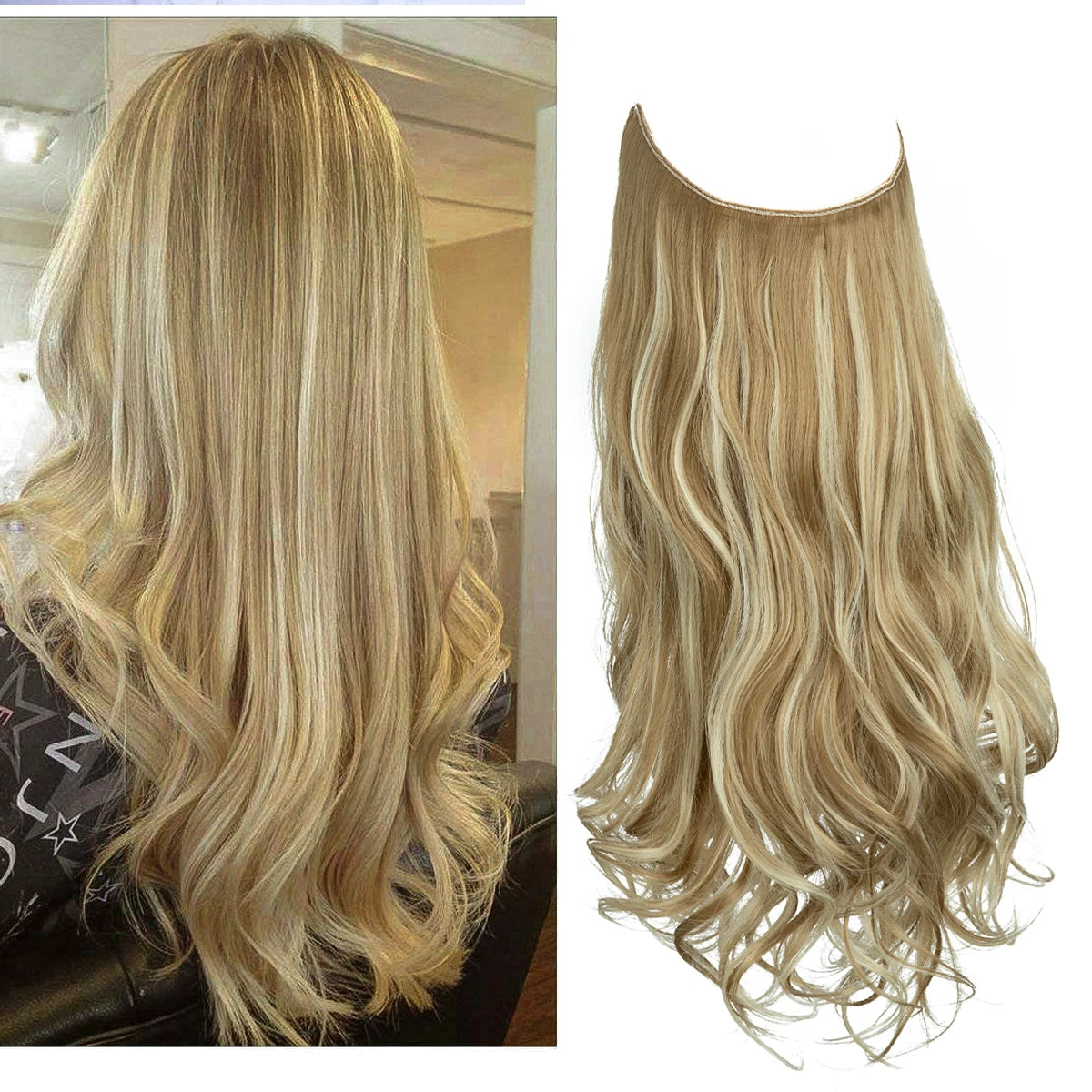 Synthetic No Clip Wave Hair Extensions Ombre Natural Black Blonde Pink One Piece False Hairpiece Fish Line Fake Hair Piece