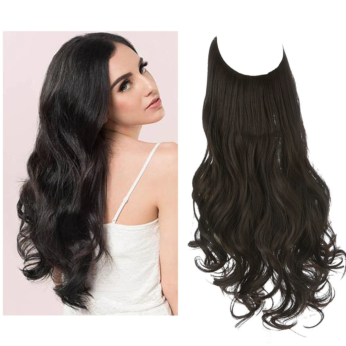 Synthetic No Clip Wave Hair Extensions Ombre Natural Black Blonde Pink One Piece False Hairpiece Fish Line Fake Hair Piece