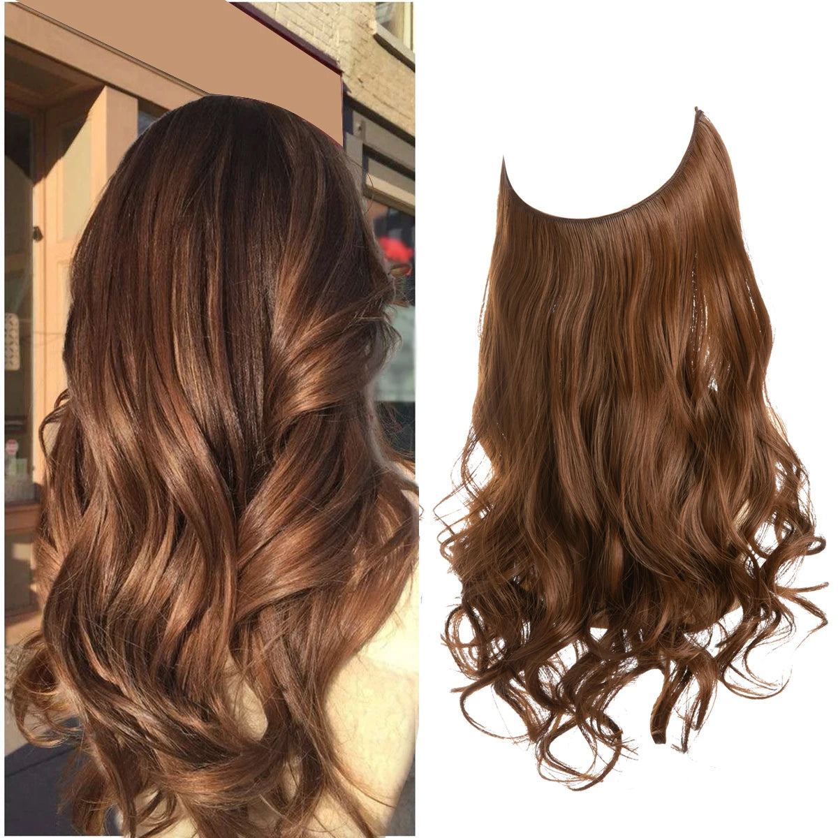 Synthetic No Clip Wave Hair Extensions Ombre Natural Black Blonde Pink One Piece False Hairpiece Fish Line Fake Hair Piece