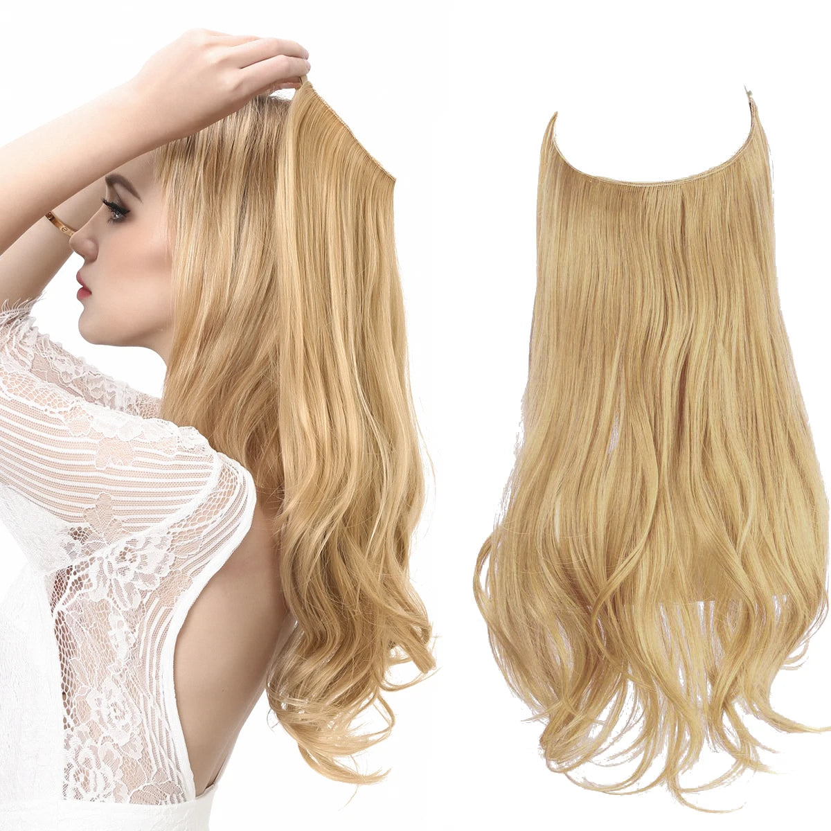 Synthetic No Clip Wave Hair Extensions Ombre Natural Black Blonde Pink One Piece False Hairpiece Fish Line Fake Hair Piece