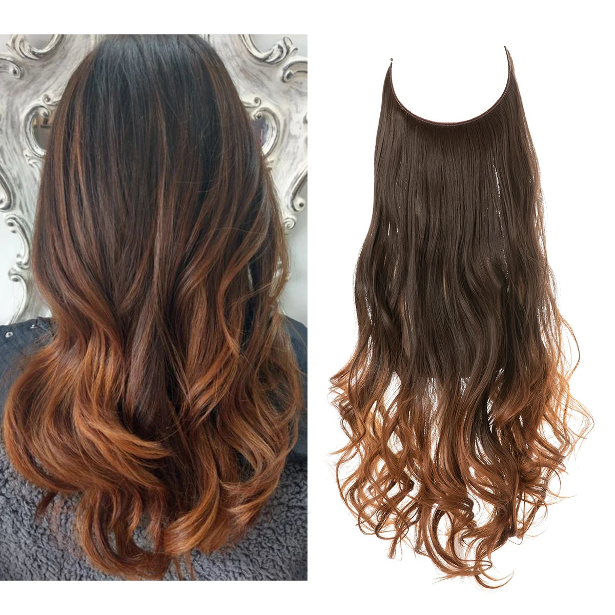 Synthetic No Clip Wave Hair Extensions Ombre Natural Black Blonde Pink One Piece False Hairpiece Fish Line Fake Hair Piece