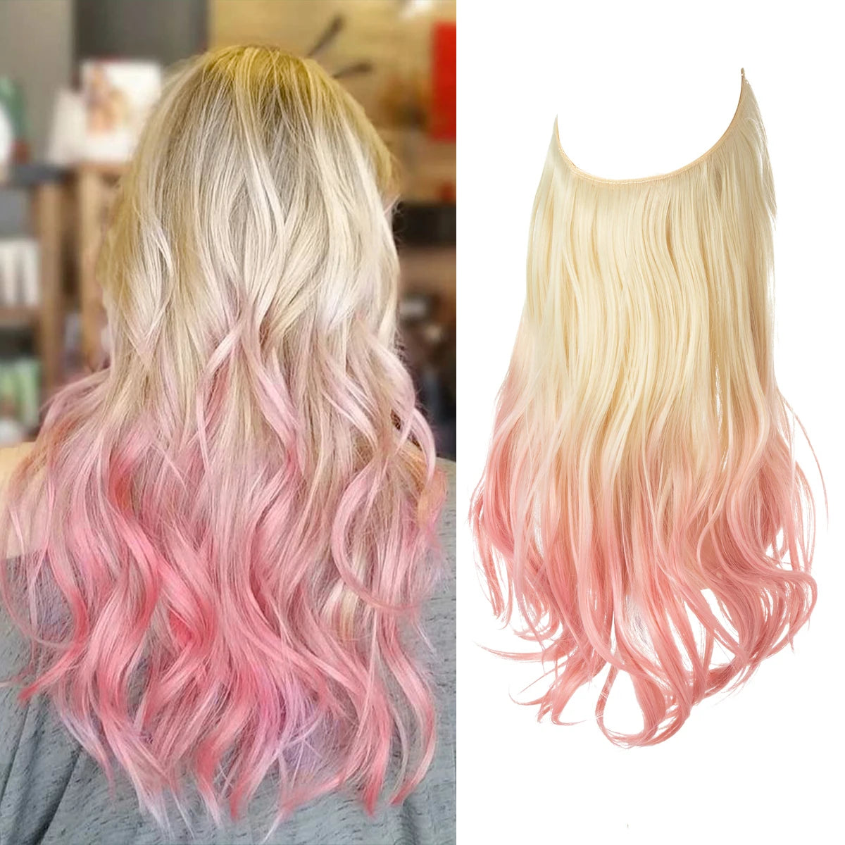 Synthetic No Clip Wave Hair Extensions Ombre Natural Black Blonde Pink One Piece False Hairpiece Fish Line Fake Hair Piece