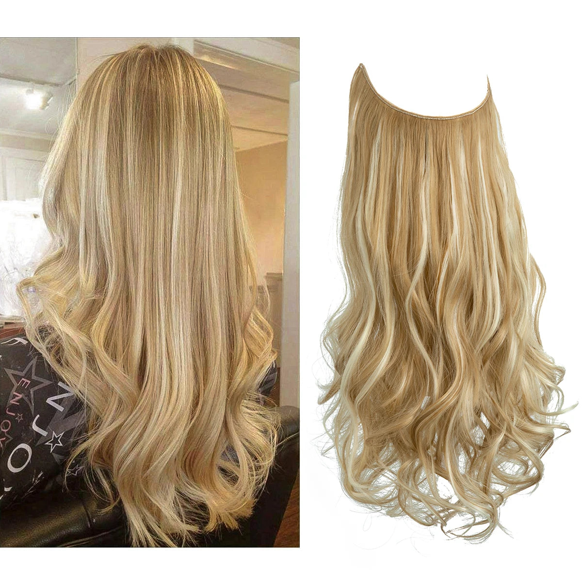 Synthetic No Clip Wave Hair Extensions Ombre Natural Black Blonde Pink One Piece False Hairpiece Fish Line Fake Hair Piece