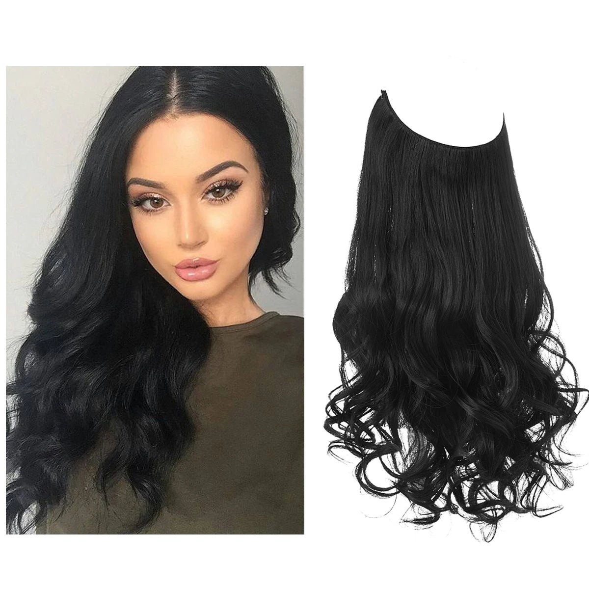 Synthetic No Clip Wave Hair Extensions Ombre Natural Black Blonde Pink One Piece False Hairpiece Fish Line Fake Hair Piece