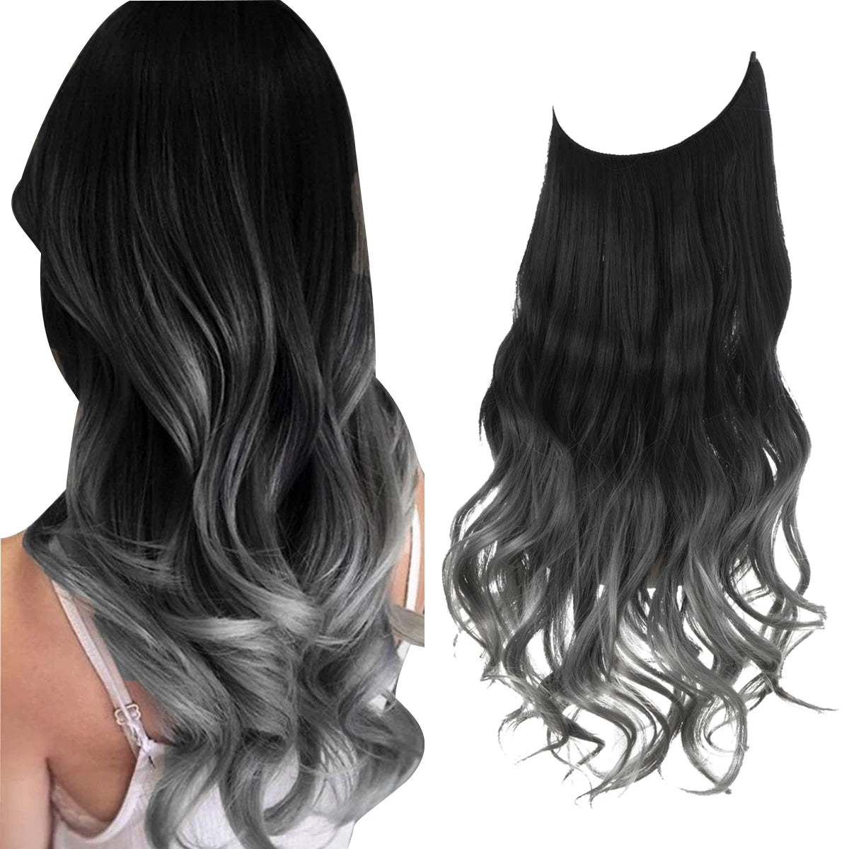 Synthetic No Clip Wave Hair Extensions Ombre Natural Black Blonde Pink One Piece False Hairpiece Fish Line Fake Hair Piece