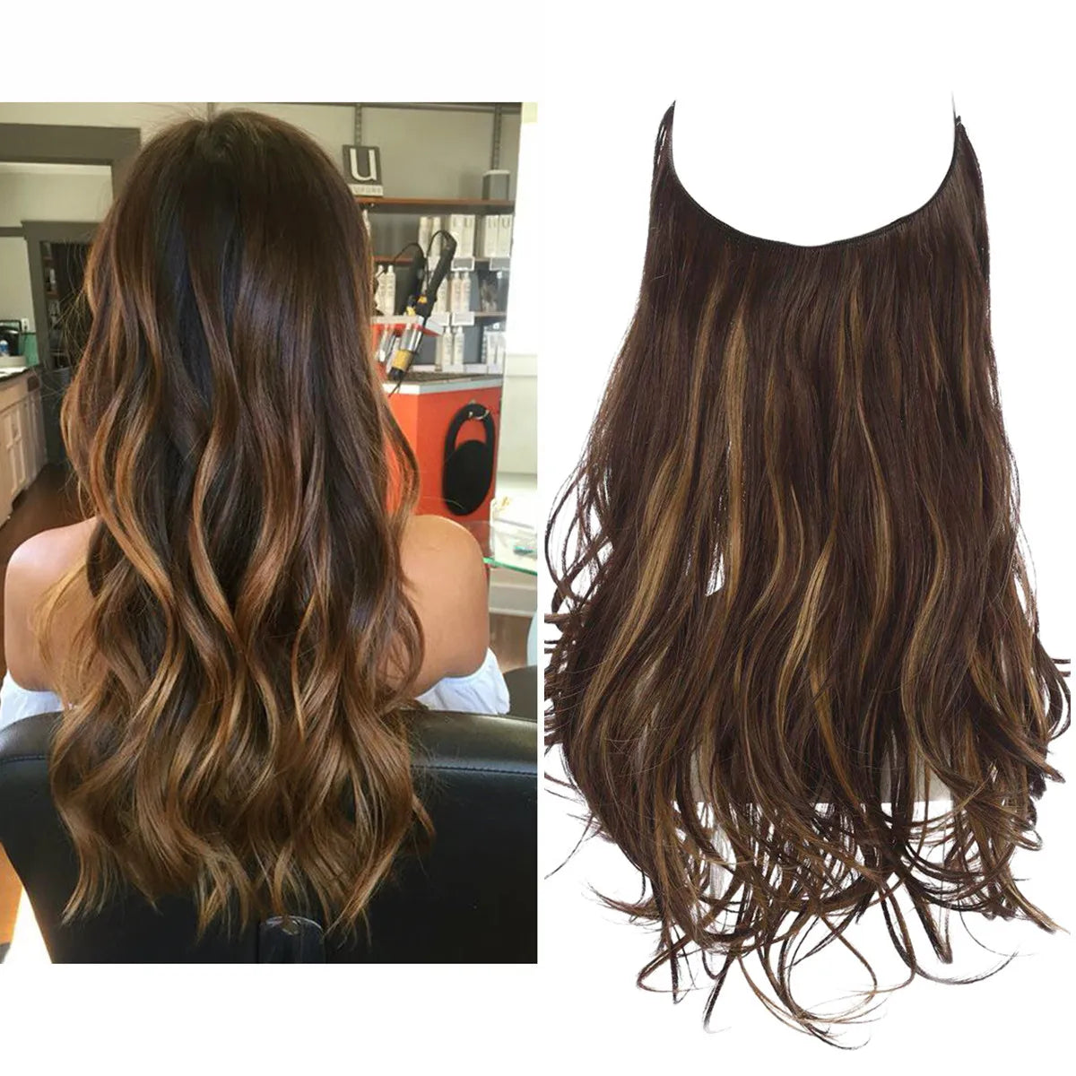 Synthetic No Clip Wave Hair Extensions Ombre Natural Black Blonde Pink One Piece False Hairpiece Fish Line Fake Hair Piece