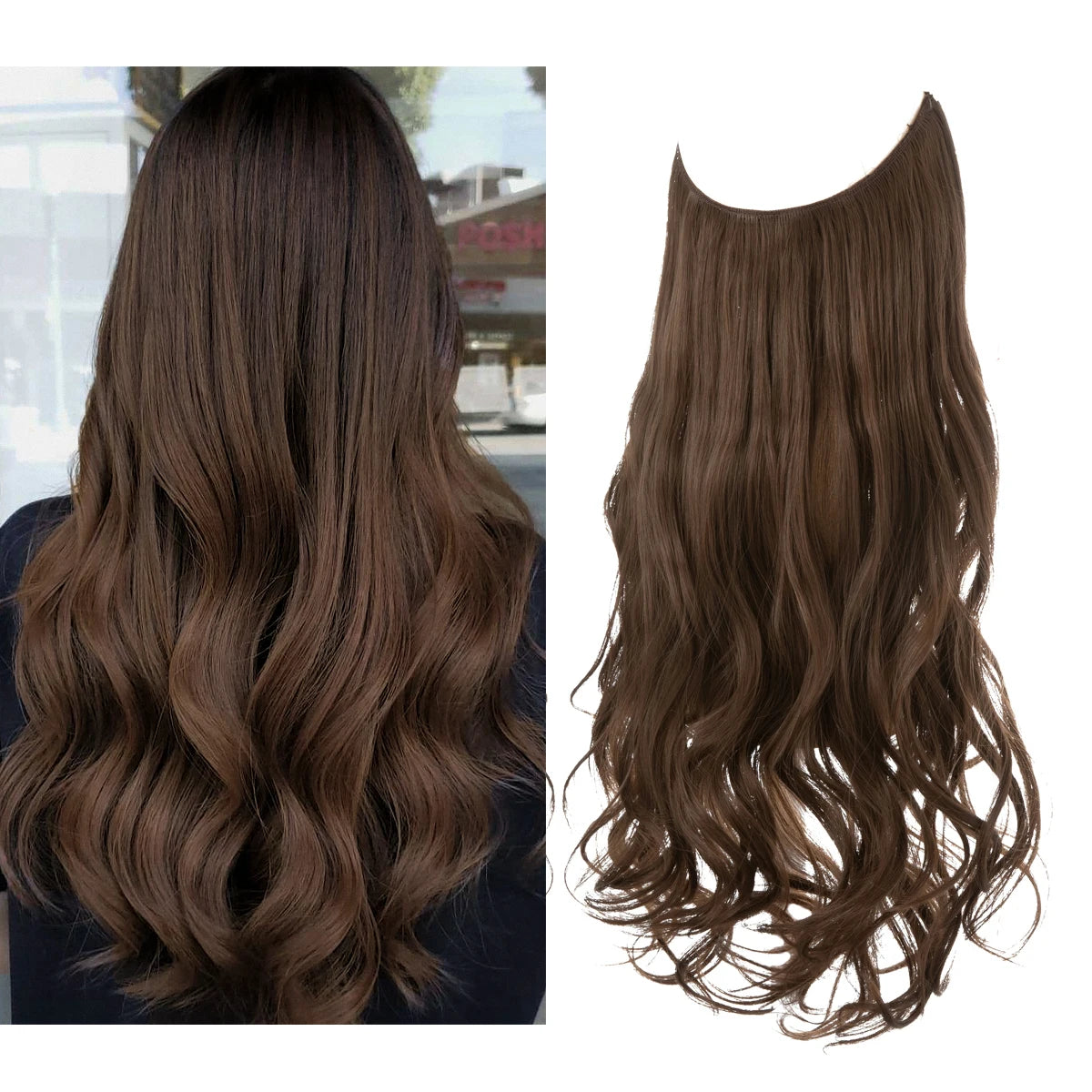 Synthetic No Clip Wave Hair Extensions Ombre Natural Black Blonde Pink One Piece False Hairpiece Fish Line Fake Hair Piece