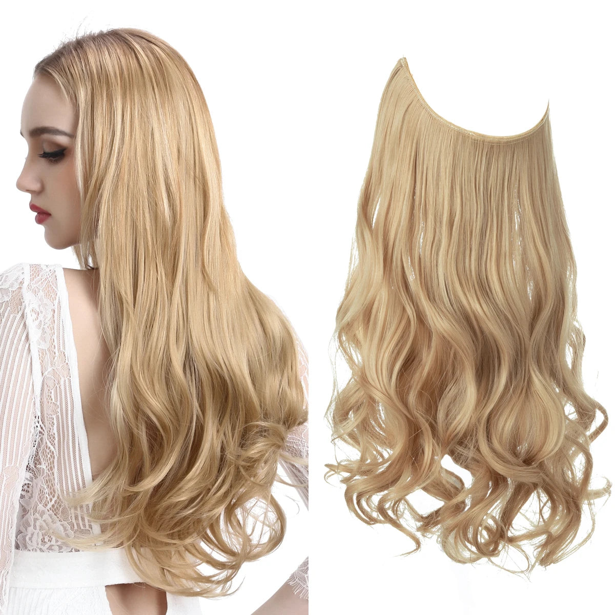 Synthetic No Clip Wave Hair Extensions Ombre Natural Black Blonde Pink One Piece False Hairpiece Fish Line Fake Hair Piece