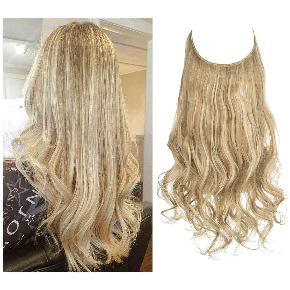 Synthetic No Clip Wave Hair Extensions Ombre Natural Black Blonde Pink One Piece False Hairpiece Fish Line Fake Hair Piece