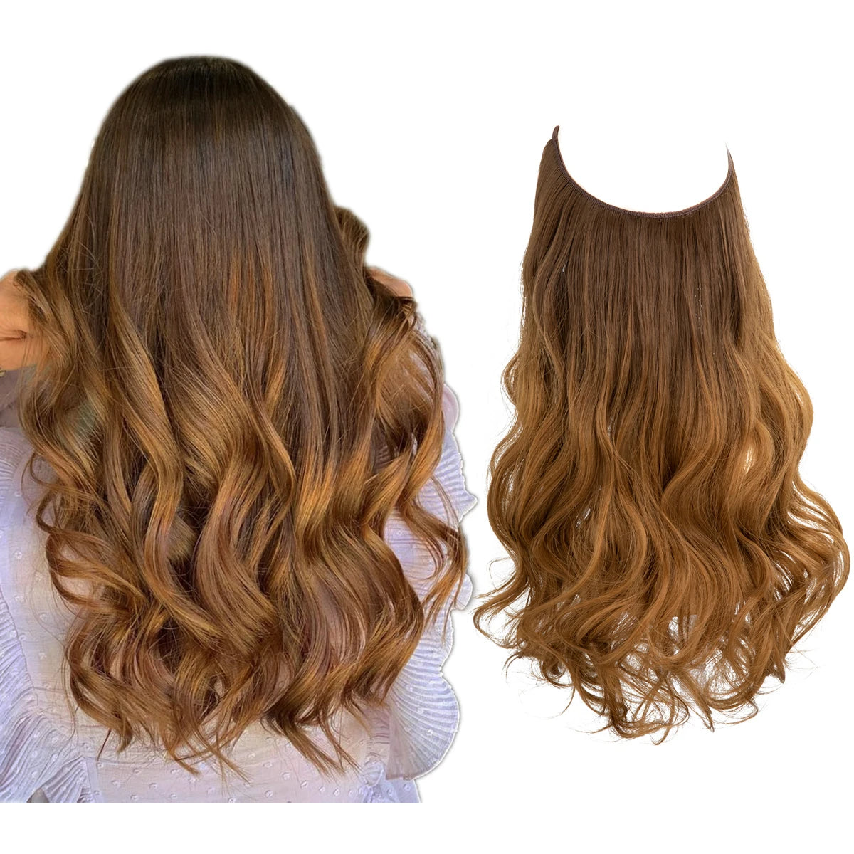 Synthetic No Clip Wave Hair Extensions Ombre Natural Black Blonde Pink One Piece False Hairpiece Fish Line Fake Hair Piece