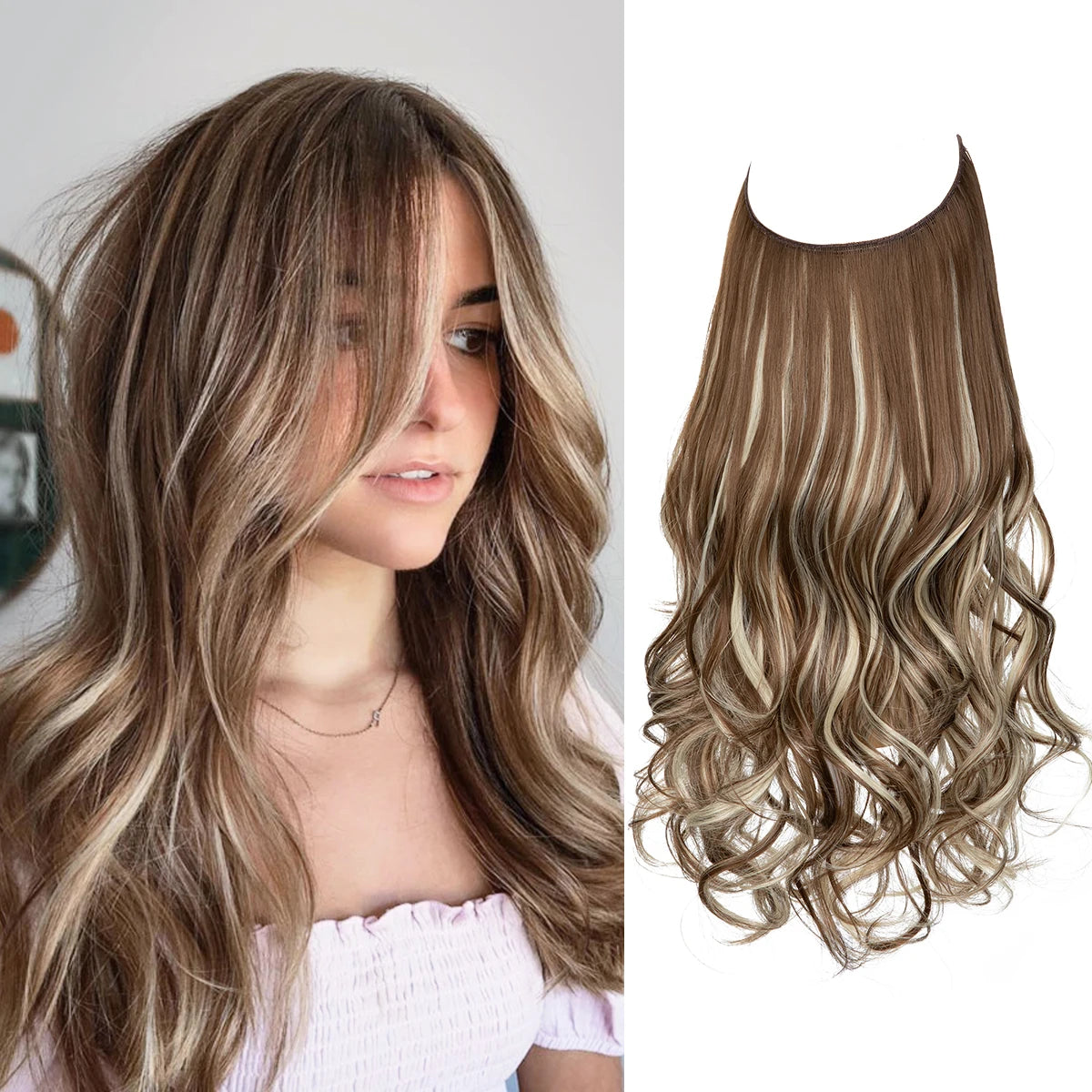 Synthetic No Clip Wave Hair Extensions Ombre Natural Black Blonde Pink One Piece False Hairpiece Fish Line Fake Hair Piece