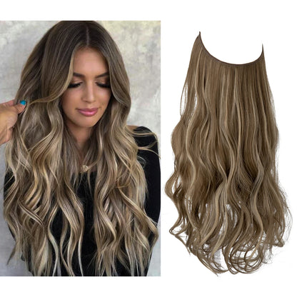 Synthetic No Clip Wave Hair Extensions Ombre Natural Black Blonde Pink One Piece False Hairpiece Fish Line Fake Hair Piece